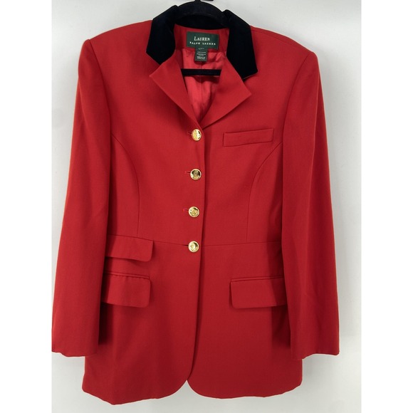 Vintage Lauren Ralph Lauren Blazer Womens Medium Red Equestrian Velvet Collar - Picture 1 of 12